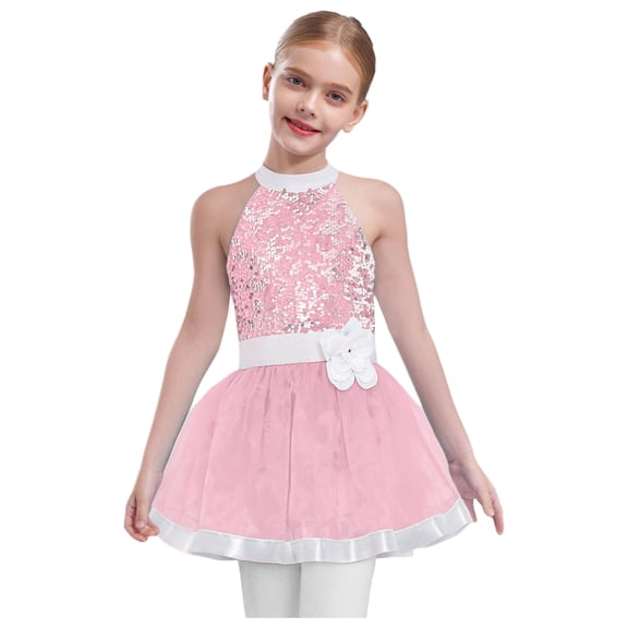 Haitryli Big Girls Shiny Sequin Ballet Leotard Tutu Dress Layered Tulle Skirt Gymnastics Dance Ballerina Outfit Pink 4