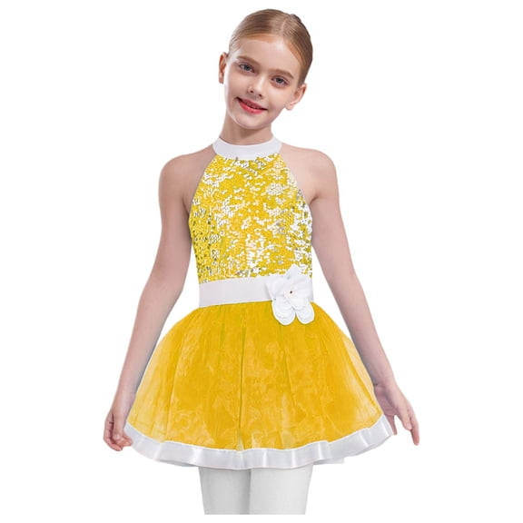 Haitryli Big Girls Shiny Sequin Ballet Leotard Tutu Dress Layered Tulle Skirt Gymnastics Dance Ballerina Outfit Yellow 4