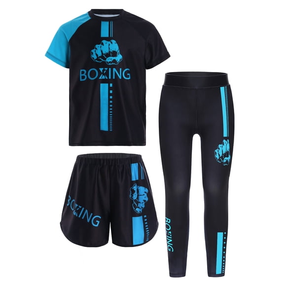 Haitryli Boys Boxing Outfit 3 Piece Muay Thai Cage Fighting Martia Arts Outfits Carnival Dress Up Light Blue 10