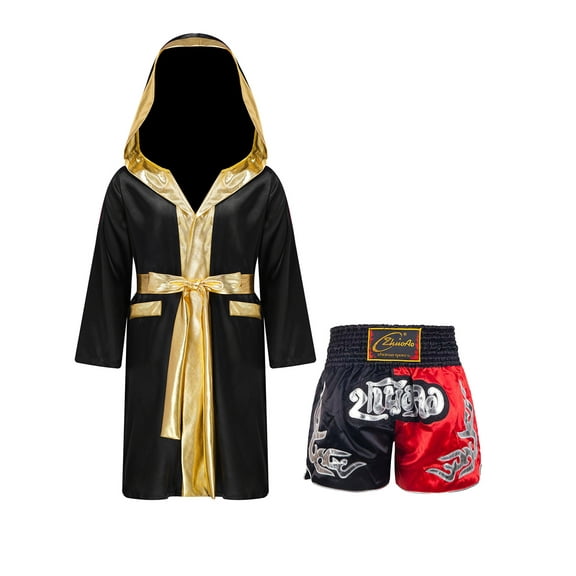Haitryli Boys Boxing Uniform Costume Satin Long Boxing Robe with Metallic Belt And Boxer Shorts Set Black&Red 6