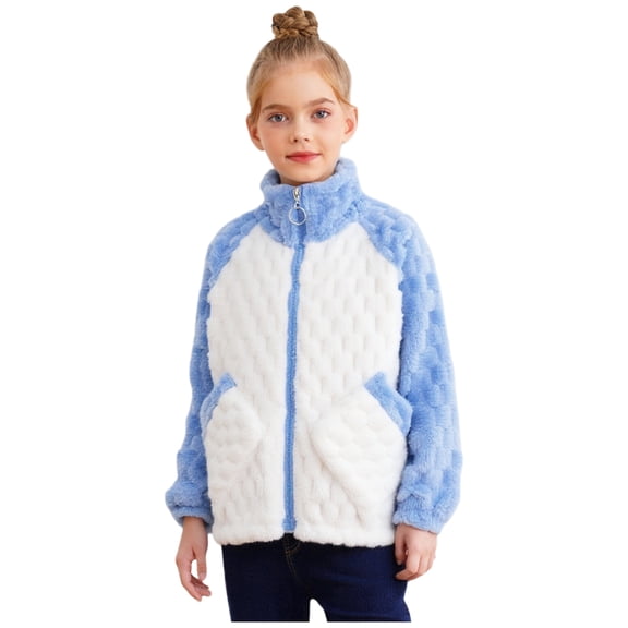 Haitryli Boys Girls Coral Velvet Stand Collar Zip-Up Jacket with Contrast Trim and Side Pockets Winter Warm Coat Blue 5-6