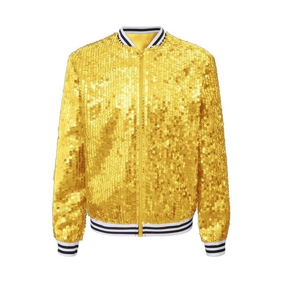 Haitryli Boys Girls Sequin Baseball Coats Zipper Up Glitter Bomber Jacket Dance Bomber Coat Gold 12