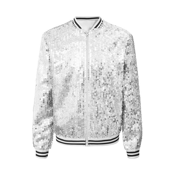 Haitryli Boys Girls Sequin Baseball Coats Zipper Up Glitter Bomber Jacket Dance Bomber Coat Silver 16