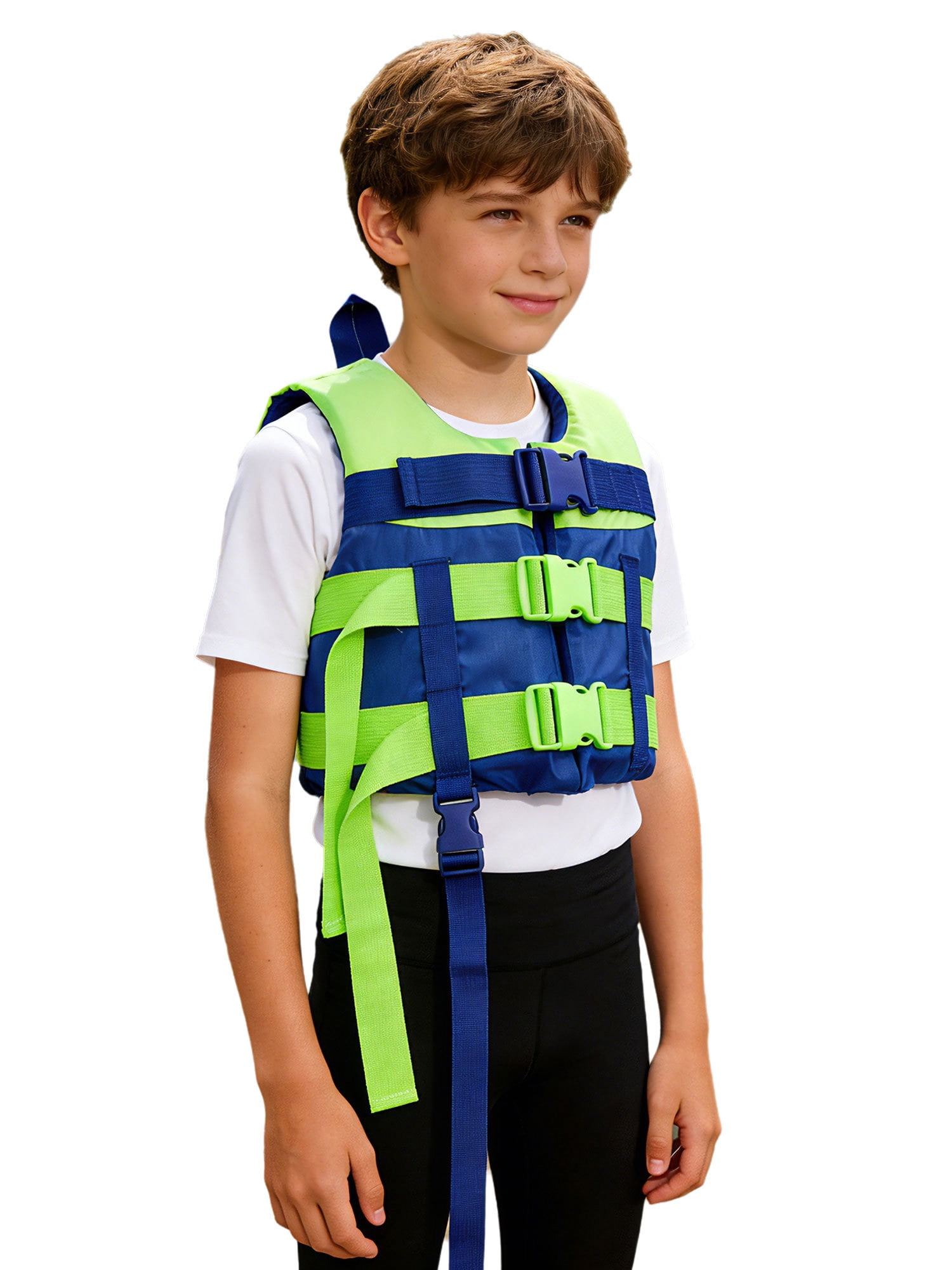 Haitryli Boys Girls Swim Life Vest Kids Color Block Buoyancy Jacket Fishing Snorkeling Water Sports Tops Blue Fluorescent Green XL