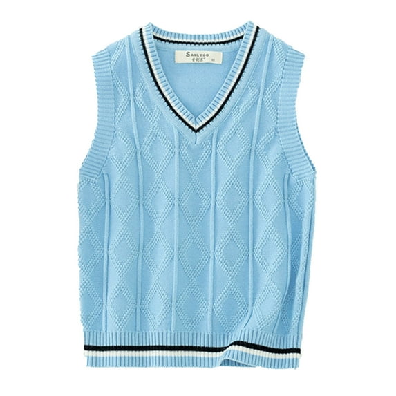 Haitryli Boys Girls V-Neck Knitted Sweaters Vest Cable Knit Waistcoat Kids Sleeveless Jumper Tank Top Light Blue 130