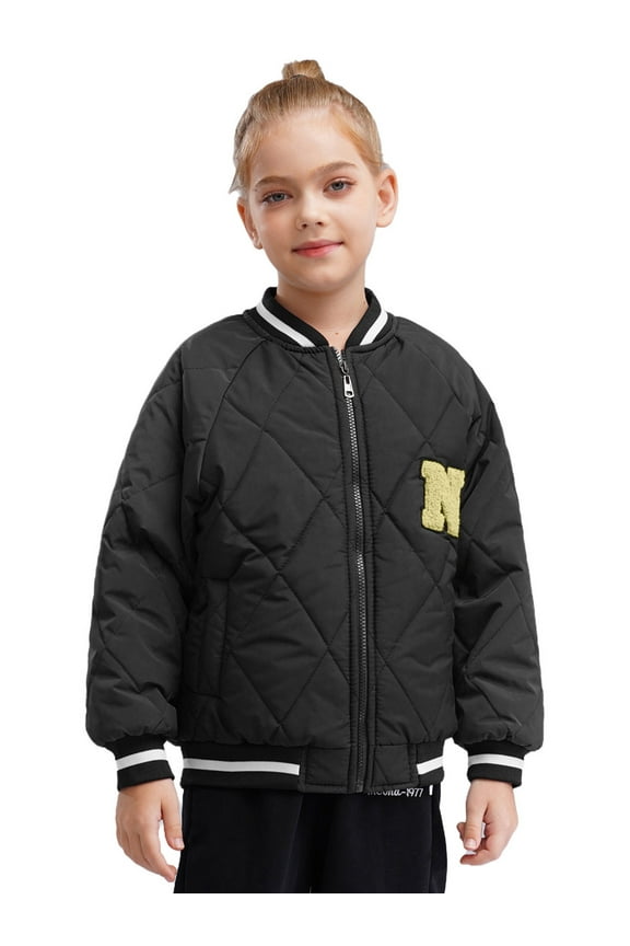 Boys Girls Varsity Jacket School Uniform Children Baseball Jacket with Pocket Casual Daily Wear Black 120/XXL