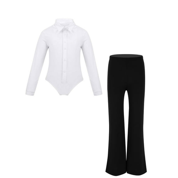 Haitryli Boys Latin Dance Outfit Long Sleeve Button Down Shirt Bodysuit Tuxedo Leotard Top with Leggings Set White&Black 10