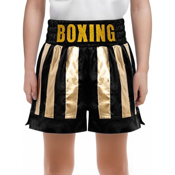 Haitryli Boys Sides Slit Metallic Boxing Shorts Color Block Satin Kickboxing Muay Thai Trunks Themed Party Dress Up Black Gold 6
