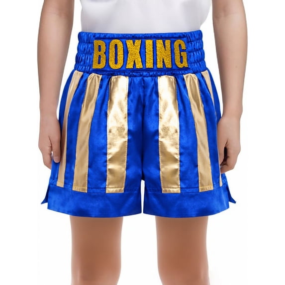 Haitryli Boys Sides Slit Metallic Boxing Shorts Color Block Satin Kickboxing Muay Thai Trunks Themed Party Dress Up Blue Gold 8