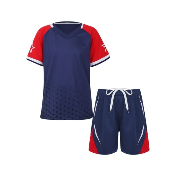 Haitryli Boys Soccer Football Jersey Outfits V-Neck Short Sleeve T-Shirt and Shorts Set Kids Sports Team Training Uniform Navy Blue 11-12