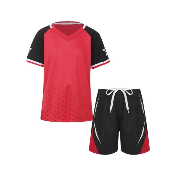 Haitryli Boys Soccer Football Jersey Outfits V-Neck Short Sleeve T-Shirt and Shorts Set Kids Sports Team Training Uniform Red 11-12