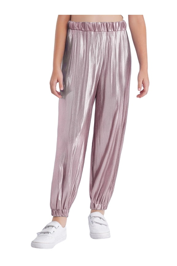 Children Girls Metallic Jazz Street Dancing Bottoms Hip Hop Dance Athletic Jogger Pants Pink 5-6