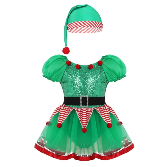 Haitryli Children Kids Girls Christmas Elf Dress Festival Santa Claus Cosplay Dress Ballet Dance Leotard Green 5