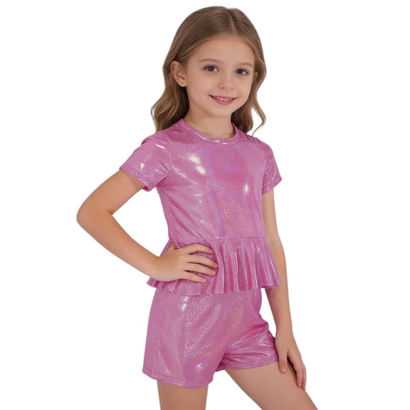 Haitryli Dance Costumes For Kids Cheer Outfit Shiny Shorts And Peplum Top Set Cheerleading Stage Wear Hot Pink 7-8