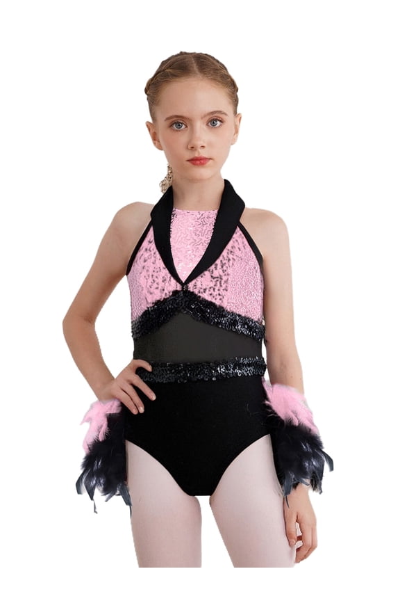 Feather Skirted Leotard for Girls Hip Hop Latin Jazz Dance Bodysuit Gymnastic Tutu Dress Ballerina Outfits Pink 10