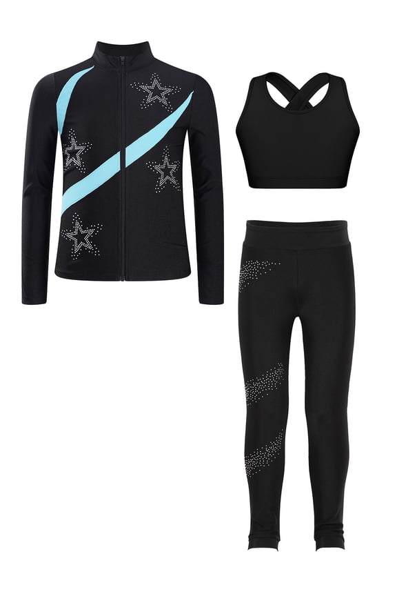 Figure Ice Skating Dance Set for Girls Kids Sparkly Star Jacket with Crop Top and Sports Pants Leggings Light Blue 11-12
