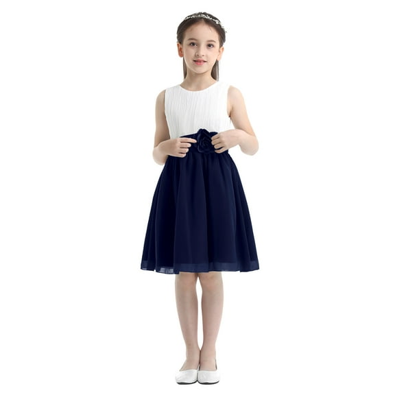 Haitryli Flower Girls Wedding Bridesmaid Dress Kids Evening Elegant Chiffon Dressees Party Ball Gown White&Navy Blue 12