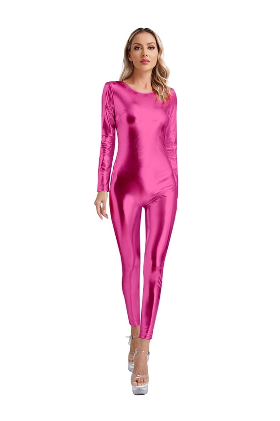 Full Body Bodysuits for Womens Shiny Metallic Unitard Zipper Back Wet Look Catsuit Party Hot Pink S