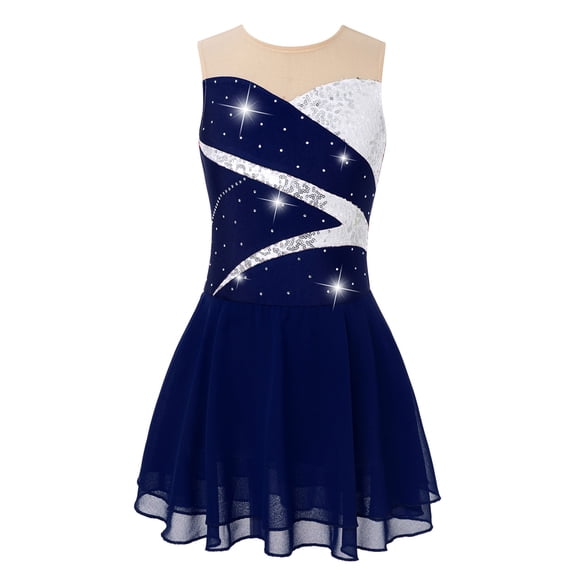 Haitryli Girl Sparkle Ruffle Sleeve Figure Ice Skating Dress Kid Mesh Splice Ballet Dance Leotard Performance Costume Navy Blue 6