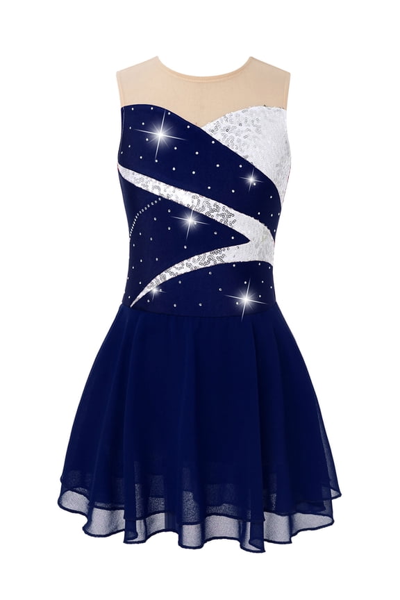 Girl Sparkle Ruffle Sleeve Figure Ice Skating Dress Kid Mesh Splice Ballet Dance Leotard Performance Costume Navy Blue 6