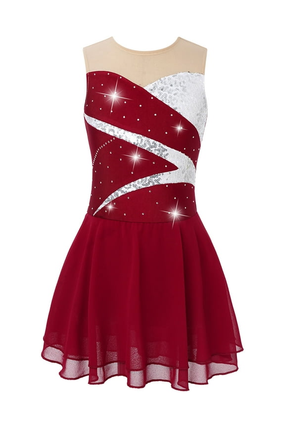 Girl Sparkle Ruffle Sleeve Figure Ice Skating Dress Kid Mesh Splice Ballet Dance Leotard Performance Costume Red 16