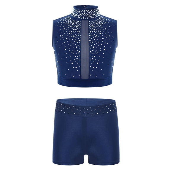 Haitryli Girl's 2PCS Active Set Sport Tracksuit Crop Top with Booty Shorts Tumbling Outfits Practice Costume Navy Blue 14