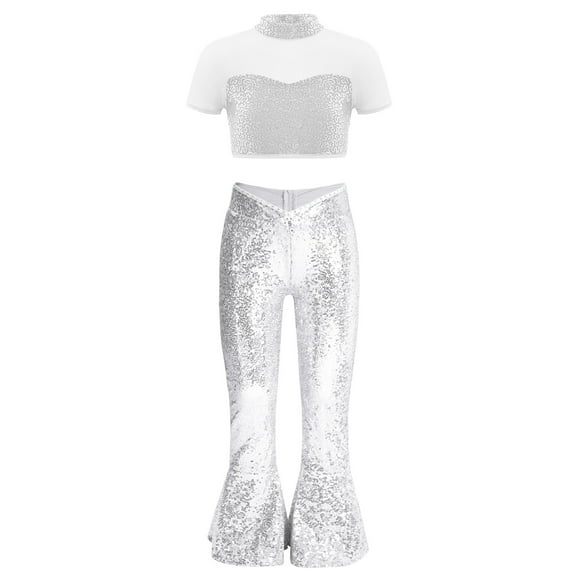 Haitryli Girl's Crop Top and Bell-Bottomed Pants Modern Jazz Dancewear Sequin Dance Performances Outfits Silver 10