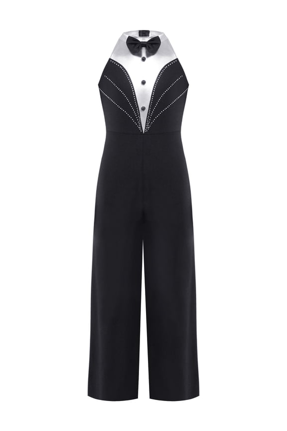 Girl's Wide Leg Pants Dancing Gowns Sleeveless Bodysuit Unitards Latin Jazz Dance Performance Costume Black 14