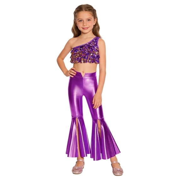 Haitryli Girls 2 Piece Dance Set Sequin Crop Top with Split Flare Pants Sparkly Jazz Hip Hop Outfits Disco Party Performance Purple 8
