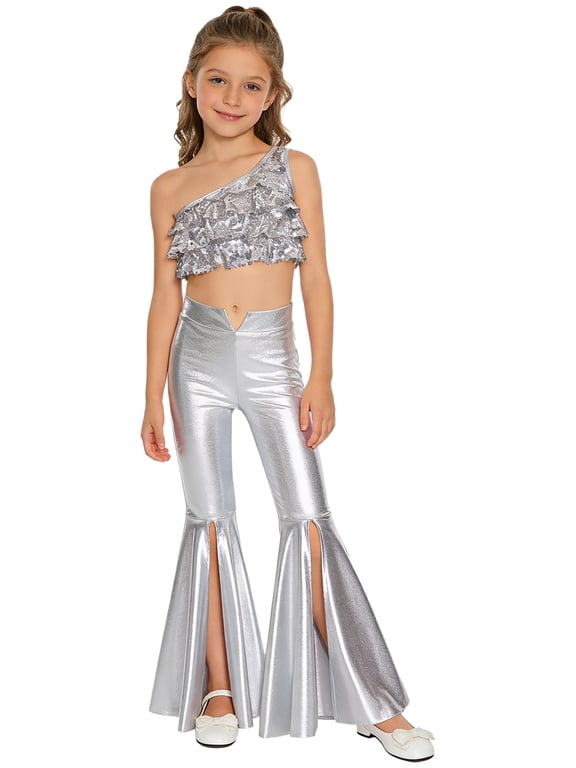 Girls 2 Piece Dance Set Sequin Crop Top with Split Flare Pants Sparkly Jazz Hip Hop Outfits Disco Party Performance Silver 8