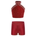 thumbnail image 1 of Haitryli Girls 2 Piece Shiny Gymnastics Outfit Halter Backless Top with Shorts Figure Ice Skating Dance Set for Kids Burgundy 12, 1 of 3