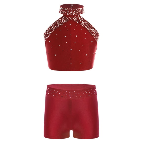 Haitryli Girls 2 Piece Shiny Gymnastics Outfit Halter Backless Top with Shorts Figure Ice Skating Dance Set for Kids Burgundy 6
