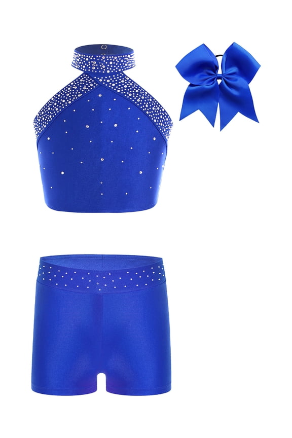 Girls 2 Pieces Gymnastics Dance Outfits Halter Cheerleading Crop Vest with Booty Shorts Athletic Clothes Set Blue 14