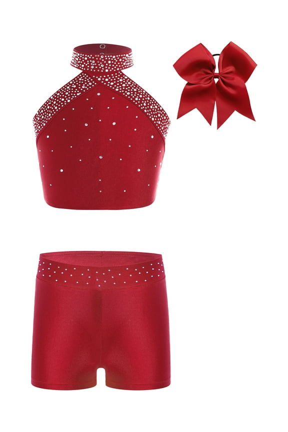 Girls 2 Pieces Gymnastics Dance Outfits Halter Cheerleading Crop Vest with Booty Shorts Athletic Clothes Set Burgundy 14