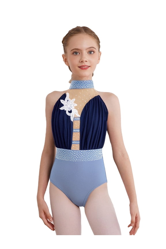 Girls' Ballet Dance Gymnastics Bodysuit With Flower Rhinestone Pattern Classical Dance Leotard Cha Cha Unitard Blue 8