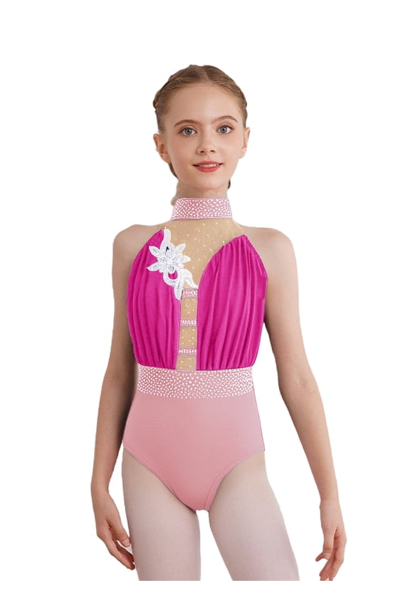 Girls' Ballet Dance Gymnastics Bodysuit With Flower Rhinestone Pattern Classical Dance Leotard Cha Cha Unitard Pink Hot Pink 12