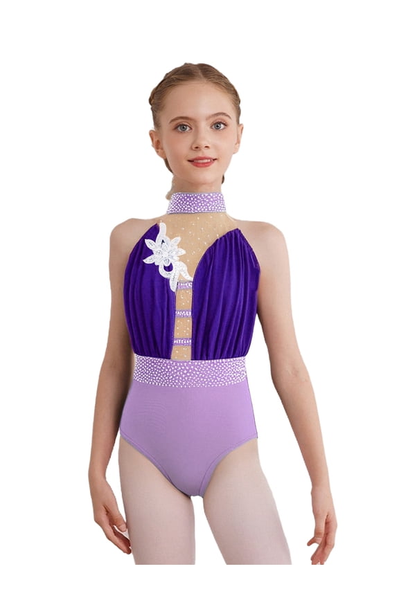 Girls' Ballet Dance Gymnastics Bodysuit With Flower Rhinestone Pattern Classical Dance Leotard Cha Cha Unitard Purple 6