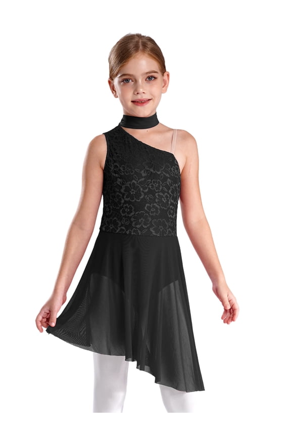 Girls' Ballet Dance Leotard Dress Stage Performance High-Low Tutu Skirt Latin Jazz Ice Skating Costumes Black 14