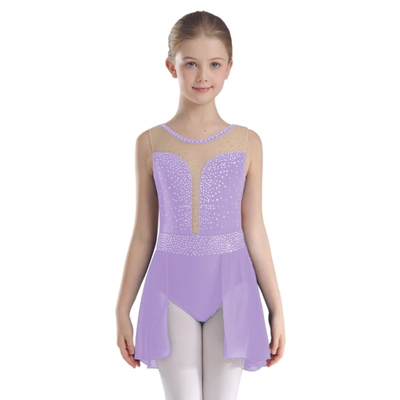 Haitryli Girls Ballet Dress Crystal Sparkly Lyrical Dance Costume Mesh Patchwork Figure Skating Dance Wear Light Purple 8