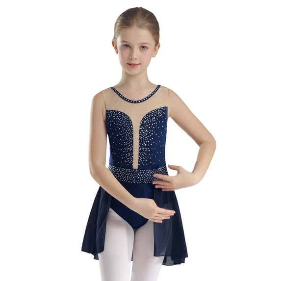 Haitryli Girls Ballet Dress Crystal Sparkly Lyrical Dance Costume Mesh Patchwork Figure Skating Dance Wear Navy Blue 14