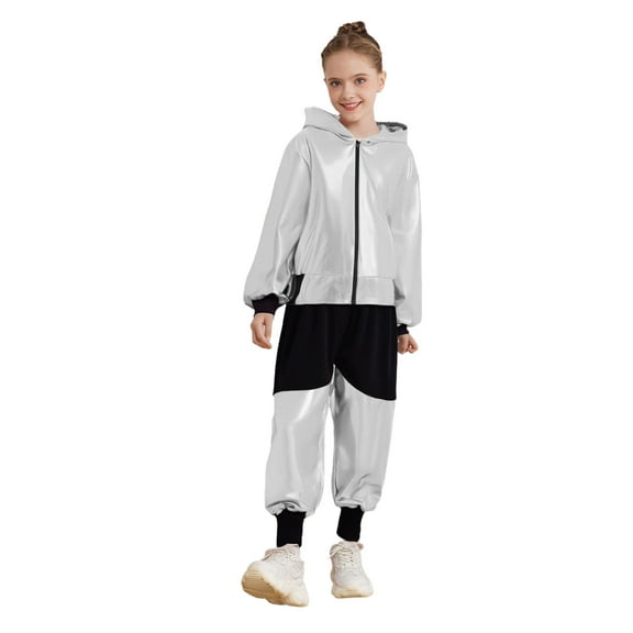 Haitryli Girls Boys 2 Piece Hip Hop Jazz Modern Dance Outfits Metallic Hooded Jacket and Jogger Pants Set Strretwear Silver 5-6