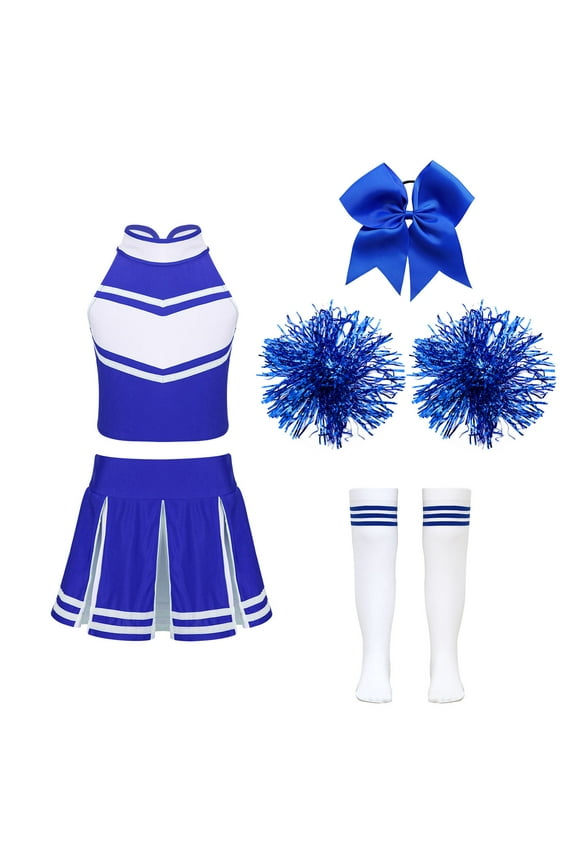 Girls Cheerleading Outfits Cheer Leader Uniform Crop Top with Pleated Skirt Pom Pom Hair Tie Socks Set B Blue 6