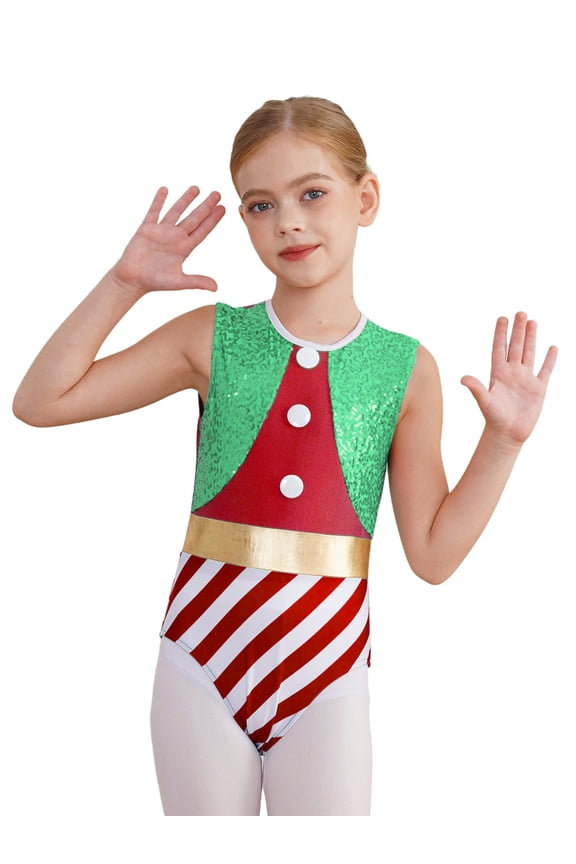 Girls Christmas Santa Elf Dress Up Sleeveless Sequined Gymnastics Ballet Dance Leotards Unitard Red 14