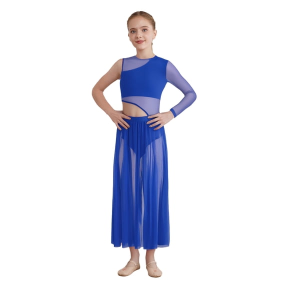 Haitryli Girls Contemporary Dance Dress Sheer Mesh Latin Jazz Lyrical Dance Outfits Modern Long Skirted Leotards Blue 6