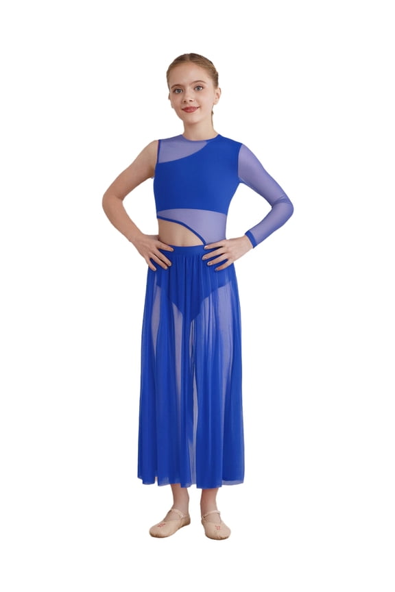 Girls Contemporary Dance Dress Sheer Mesh Latin Jazz Lyrical Dance Outfits Modern Long Skirted Leotards Blue 6