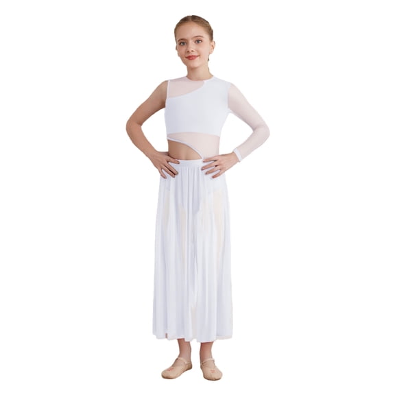 Haitryli Girls Contemporary Dance Dress Sheer Mesh Latin Jazz Lyrical Dance Outfits Modern Long Skirted Leotards White 16