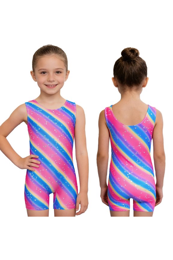 Girls Dance Gymnastics Leotard Sleeveless Striped Print Bodysuit for Ballet Practice Training Competition E 7-8