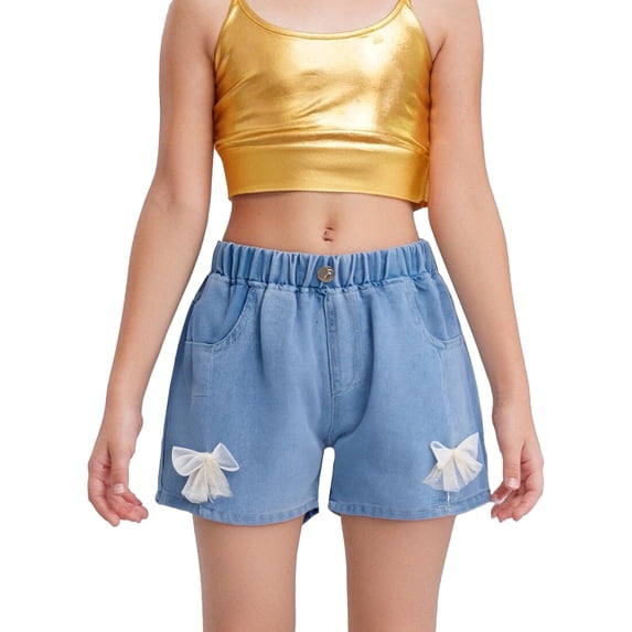 Haitryli Girls Embroidered Floral And Bow Denim Shorts Split Hem Pants For Casual Vacation Beach Toursers Bowknot 150/28