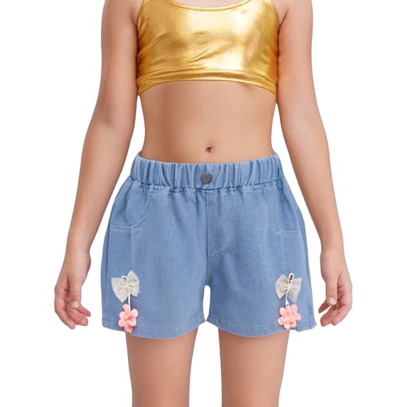 Haitryli Girls Embroidered Floral And Bow Denim Shorts Split Hem Pants For Casual Vacation Beach Toursers Flower 130/24