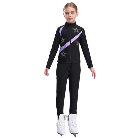 Haitryli Girls Figure Skating Jacket Ice Ballet Dance Jackets Rhinestones Blazer with Leggings for Competition Light Purple 14